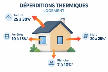 Schéma des déperditions thermiques d’un logement par la toiture, les murs, les fenêtres et le plancher