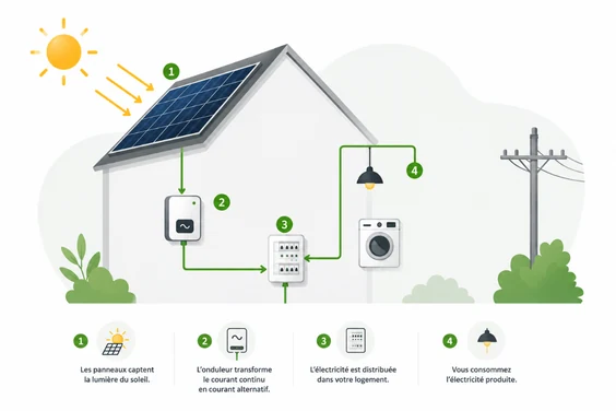 Schéma de fonctionnement d’une installation solaire photovoltaïque en autoconsommation