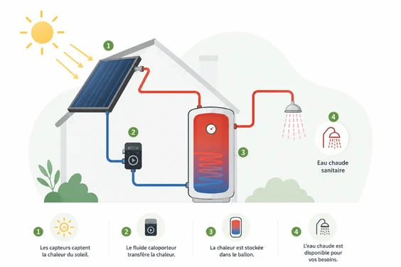 Schéma de fonctionnement d’une installation solaire thermique pour produire l’eau chaude sanitaire